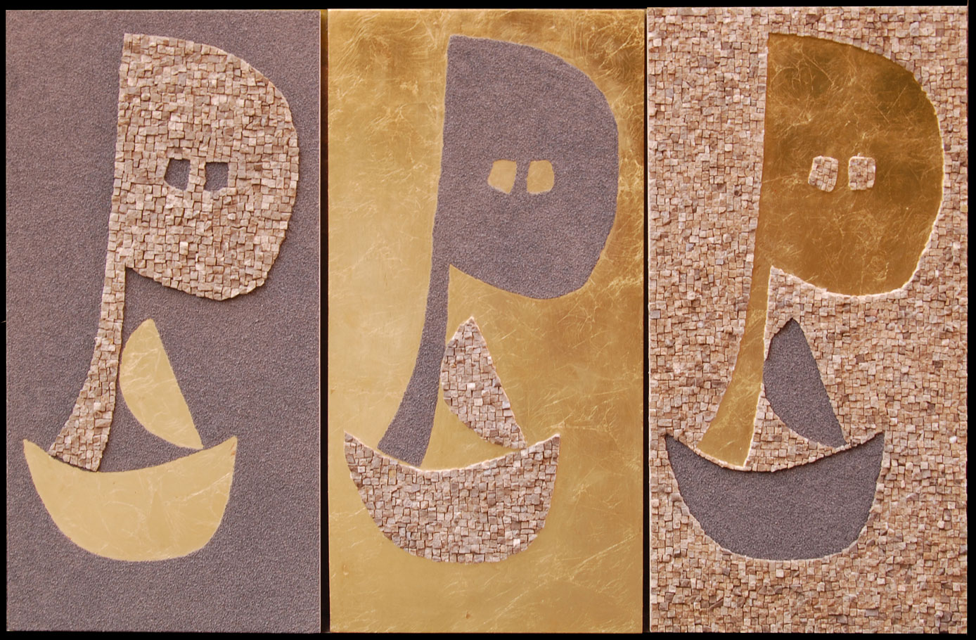 Trittico a mosaico e graniglia di marmo su foglia d'oro ispirato a Espressione Seria di Paul Klee